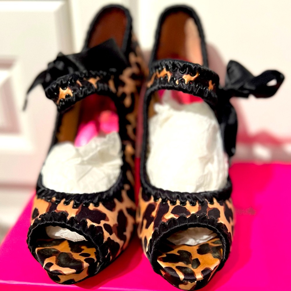 Betsy Johnson leopard satin heels, with original box.